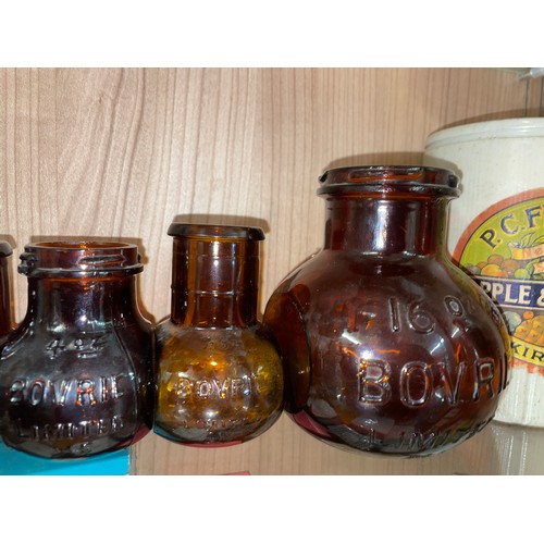 403 - QTY OF BROWN PRESSED GLASS BOVRIL JARS, ADVERTISING STONEWARE JARS