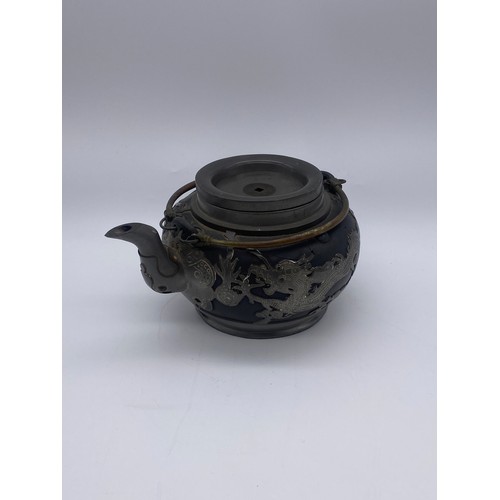 502 - CHINESE DRAGON EMBELLISHED PEWTER AND POTTERY TWIN HANDLED TEAPOT A/F