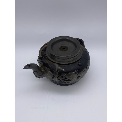 502 - CHINESE DRAGON EMBELLISHED PEWTER AND POTTERY TWIN HANDLED TEAPOT A/F