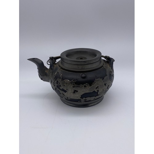 502 - CHINESE DRAGON EMBELLISHED PEWTER AND POTTERY TWIN HANDLED TEAPOT A/F