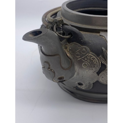 502 - CHINESE DRAGON EMBELLISHED PEWTER AND POTTERY TWIN HANDLED TEAPOT A/F