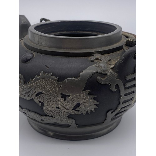 502 - CHINESE DRAGON EMBELLISHED PEWTER AND POTTERY TWIN HANDLED TEAPOT A/F