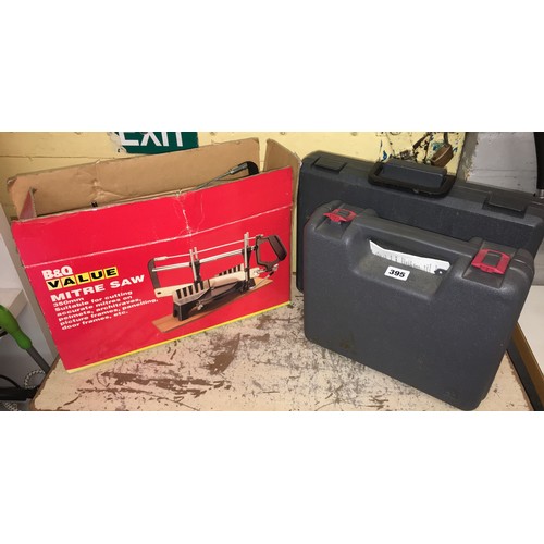 395 - COMBINATION ALLEN KEY, SPANNER AND SOCKET SET, CORDLESS CHALLENGE DRILL AND MITRE SAW