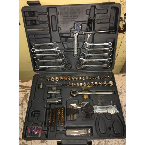 395 - COMBINATION ALLEN KEY, SPANNER AND SOCKET SET, CORDLESS CHALLENGE DRILL AND MITRE SAW