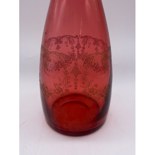 277 - RUBY GLASS AND GILT ETCHED MALLET DECANTER AND STOPPER