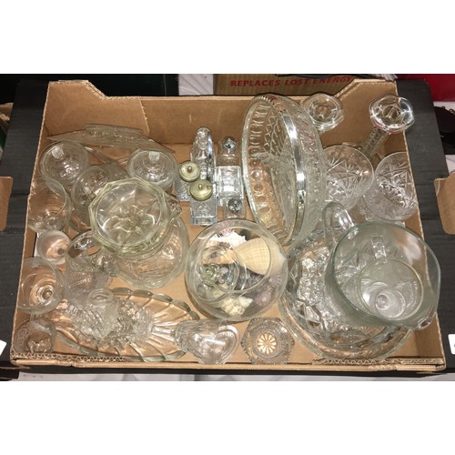 418 - CRATE OF MAINLY PRESSED GLASSWARE INC CANDLE STICKS, CRUET, BOWL AND WATER JUGS