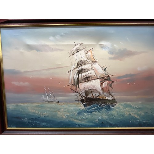 334 - OIL ON CANVAS OF SHIP AT SEA FRAMED SIGNED BAILL