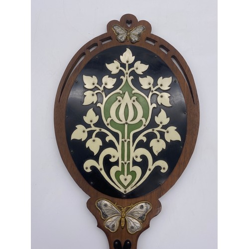 461 - ART NOUVEAU WOODEN AND BUTTERFLY APPLIED DECORATIVE BACKED HAND MIRROR