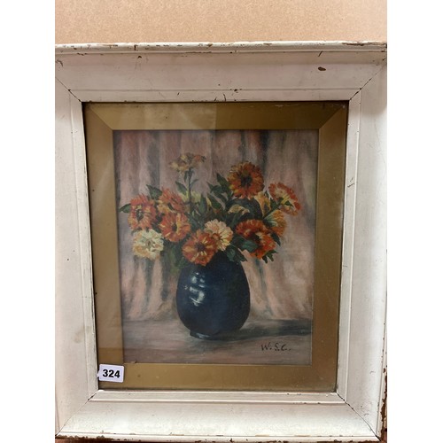 324 - OILS ON CANVAS STILL LIFE VASE OF FLOWERS MONOGRAMMED W.S.C