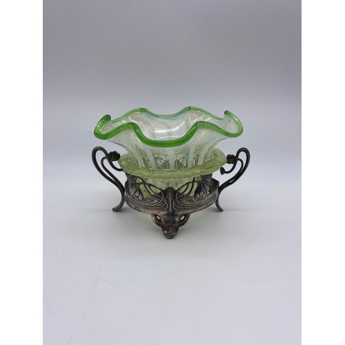 462 - ART NOUVEAU WMF METALWARE TWIN HANDLED DISH WITH CRIMPED VASELINE GLASS LINER