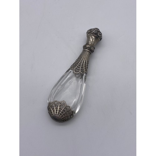 455 - SMALL SILVER SCENT PHIAL WITH GUILLOCHE ENAMEL LID AND TEARDROP AND LATTICE WHITE METAL ENCASED SCEN... 