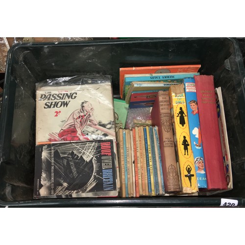 420 - CRATE OF EPHEMERA INCLUDING WWII PAMPHLETS, AND A CRATE OF VARIOUS CHILDRENS ANNUALS AND LADYBIRD BO... 