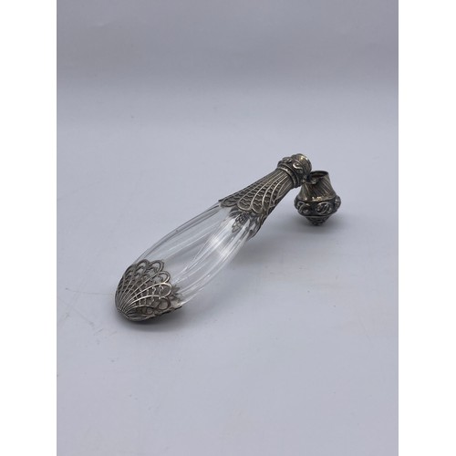 455 - SMALL SILVER SCENT PHIAL WITH GUILLOCHE ENAMEL LID AND TEARDROP AND LATTICE WHITE METAL ENCASED SCEN... 