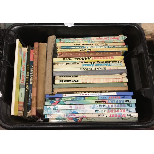 420 - CRATE OF EPHEMERA INCLUDING WWII PAMPHLETS, AND A CRATE OF VARIOUS CHILDRENS ANNUALS AND LADYBIRD BO... 