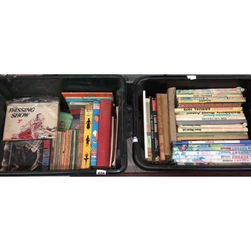 420 - CRATE OF EPHEMERA INCLUDING WWII PAMPHLETS, AND A CRATE OF VARIOUS CHILDRENS ANNUALS AND LADYBIRD BO... 