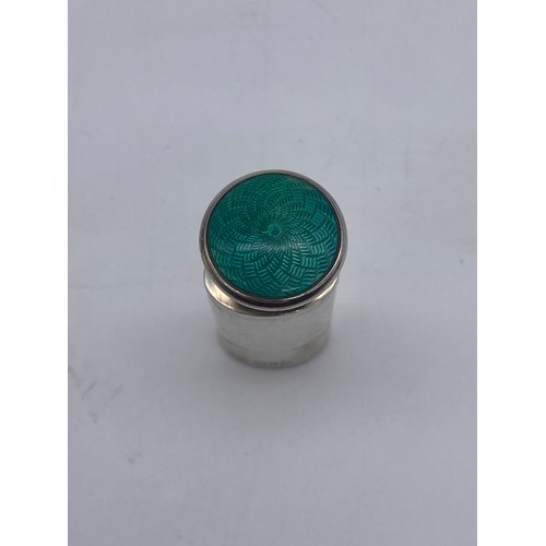 455 - SMALL SILVER SCENT PHIAL WITH GUILLOCHE ENAMEL LID AND TEARDROP AND LATTICE WHITE METAL ENCASED SCEN... 