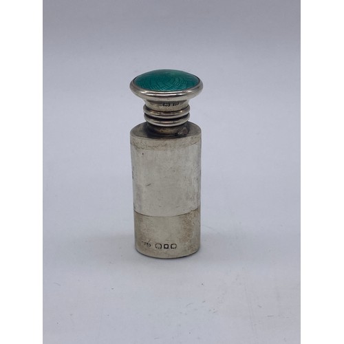 455 - SMALL SILVER SCENT PHIAL WITH GUILLOCHE ENAMEL LID AND TEARDROP AND LATTICE WHITE METAL ENCASED SCEN... 