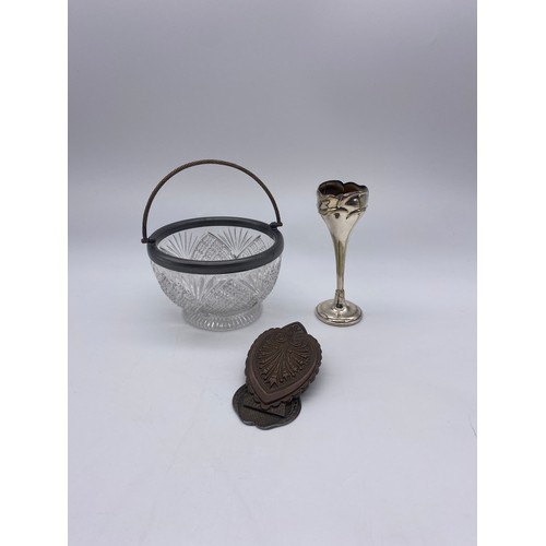 459 - PRESSED GLASS SUCRIER BOWL WITH ROPE TWIST HANDLE AND ANTHEMION PAPER CLIP