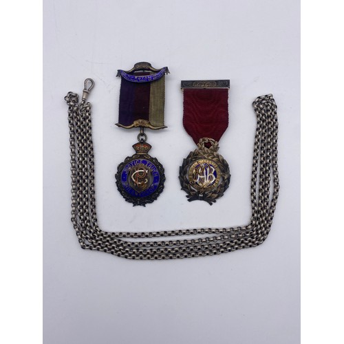 570 - TWO SILVER AND ENAMELLED ROYAL AND RAOB MEDALLIONS, AND A BELCHER LINK GUARD CHAIN