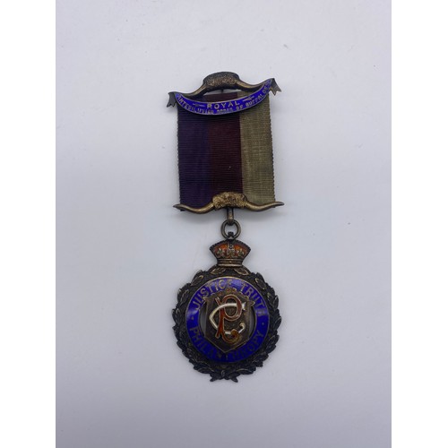 570 - TWO SILVER AND ENAMELLED ROYAL AND RAOB MEDALLIONS, AND A BELCHER LINK GUARD CHAIN