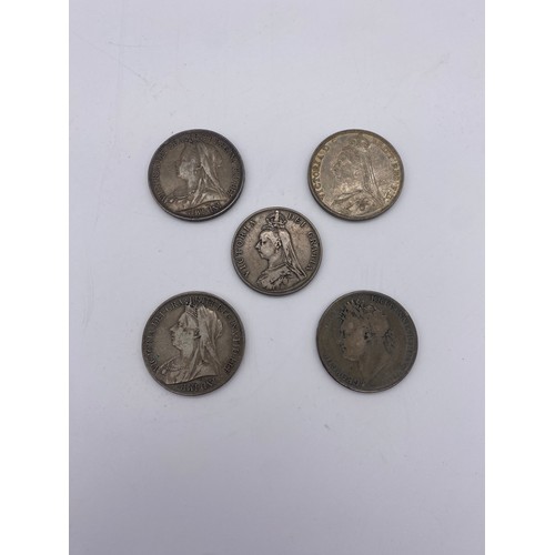 582 - GEORGE IV 1821 CROWN, THREE VICTORIAN CROWNS, AND VICTORIAN 1887 COIN