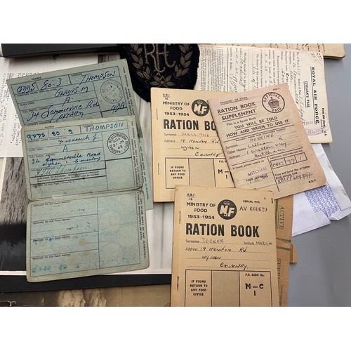 552 - ALBUM OF RAF AND MILITARY PHOTOGRAPHS, LOG BOOK, RATION BOOKS, AND SEW ON RFC BADGE