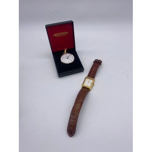 567 - SQUARE FACED ACCURIST WRISTWATCH ON LEATHER STRAP AND BOXED SEKONDA 17 JEWELL POCKET WATCH