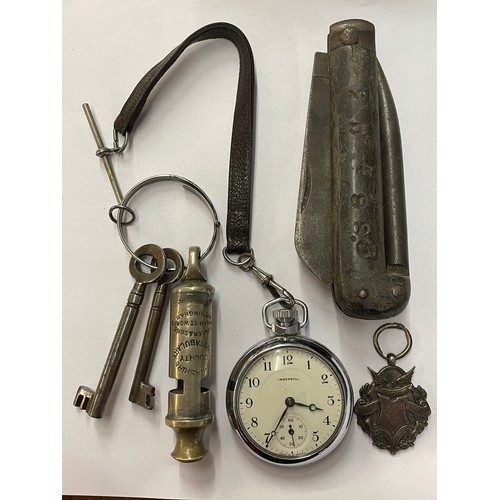 554 - INGERSOL STOP WATCH, SILVER SHIELD FOB, WARWICKSHIRE COUNTY CONSTABULARY POLICE WHISTLE, AND AN EARL... 