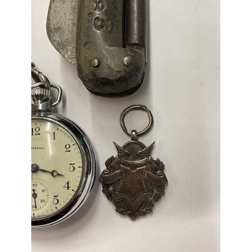 554 - INGERSOL STOP WATCH, SILVER SHIELD FOB, WARWICKSHIRE COUNTY CONSTABULARY POLICE WHISTLE, AND AN EARL... 