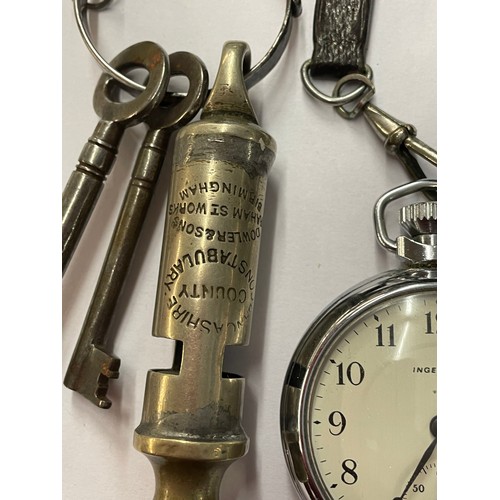 554 - INGERSOL STOP WATCH, SILVER SHIELD FOB, WARWICKSHIRE COUNTY CONSTABULARY POLICE WHISTLE, AND AN EARL... 