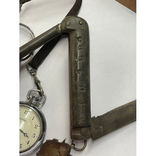 554 - INGERSOL STOP WATCH, SILVER SHIELD FOB, WARWICKSHIRE COUNTY CONSTABULARY POLICE WHISTLE, AND AN EARL... 