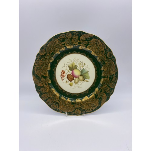 534 - COPELAND SPODE CHINA GREEN AND GILDED FRUIT PAINTED PLATE BY M.EDGE