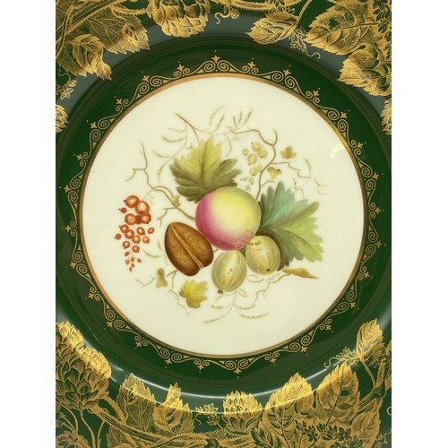 534 - COPELAND SPODE CHINA GREEN AND GILDED FRUIT PAINTED PLATE BY M.EDGE