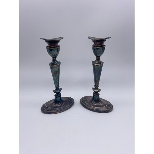 360 - PAIR OF LONDON SILVER NEO CLASSICAL STYLE TAPERED CANDLE STICKS WITH LOADED BASES 20.8OZ APPROX