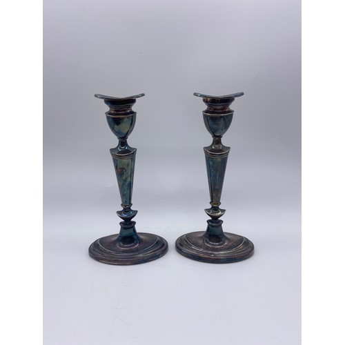 360 - PAIR OF LONDON SILVER NEO CLASSICAL STYLE TAPERED CANDLE STICKS WITH LOADED BASES 20.8OZ APPROX