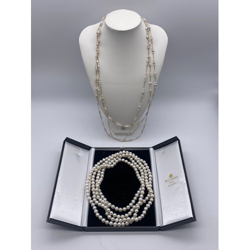 366 - CASED PEARL BEAD NECKLACE AND THREE STRAND PEARL LONG NECKLACE