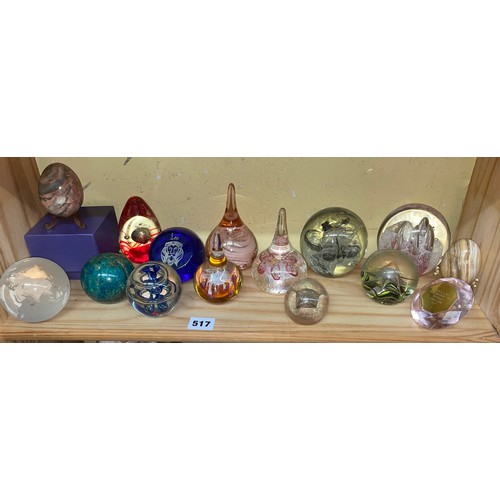 517 - SHELF OF GLASS PAPERWEIGHTS INC. TEAR DROPS AND A CAITHNESS GOLDEN JUBILEE MOON CRYSTAL (15 TOTAL)