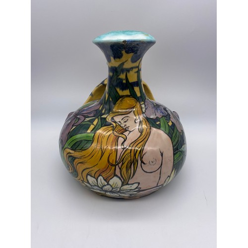 491 - PIERRE ADRIAN DALPAYRAT ART NOUVEAU POTTERY JUG DECORATED WITH IRIS AND A  MAIDEN