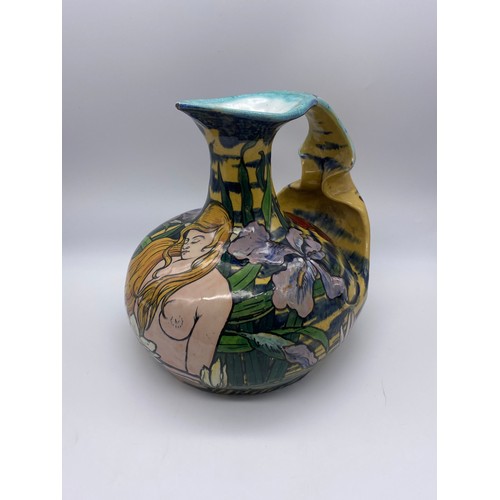 491 - PIERRE ADRIAN DALPAYRAT ART NOUVEAU POTTERY JUG DECORATED WITH IRIS AND A  MAIDEN