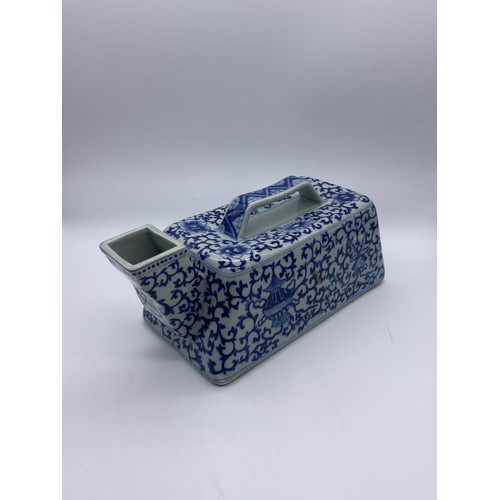 586 - CHINESE BLUE AND WHITE PORCELAIN URINAL/CHAMBER POT AND TWO SILK EMBROIDERED TASSLED CUSHION COVERS