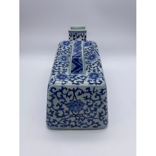 586 - CHINESE BLUE AND WHITE PORCELAIN URINAL/CHAMBER POT AND TWO SILK EMBROIDERED TASSLED CUSHION COVERS