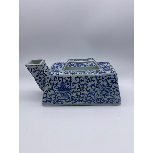 586 - CHINESE BLUE AND WHITE PORCELAIN URINAL/CHAMBER POT AND TWO SILK EMBROIDERED TASSLED CUSHION COVERS