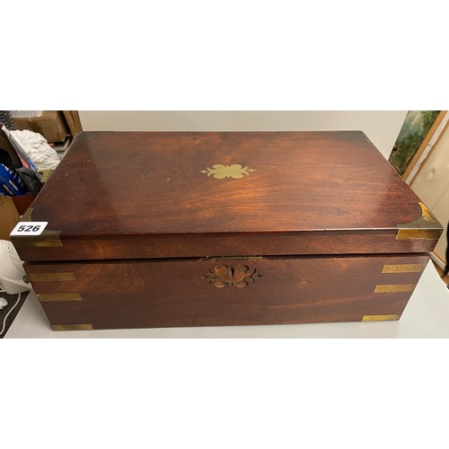 526 - 19TH CENTURY MAHOGANY AND BRASS INLAID WRITING BOX