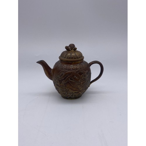 585 - CHINESE METALWARE MINIATURE TEAPOT WITH PHEONIX AND DRAGON DECORATION