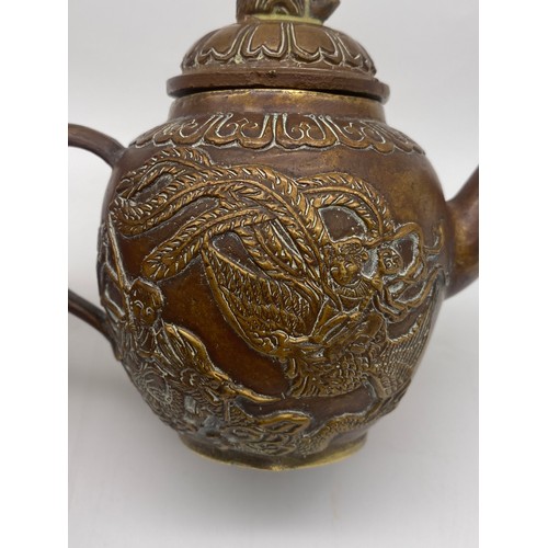 585 - CHINESE METALWARE MINIATURE TEAPOT WITH PHEONIX AND DRAGON DECORATION