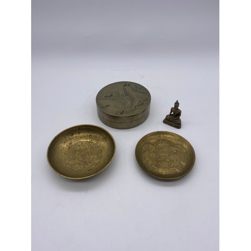 584 - ORIENTAL ENGRAVED CYLINDRICAL BOX, SHALLOW BRASS DISHES AND SMALL BHUDDAVISTA