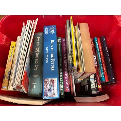 379 - RED CRATE OF RAILWAY RELATED GUIDEBOOKS, HARDBACK BOOKS AND JIGSAW PUZZLES