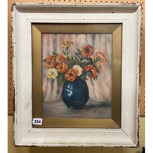 324 - OILS ON CANVAS STILL LIFE VASE OF FLOWERS MONOGRAMMED W.S.C