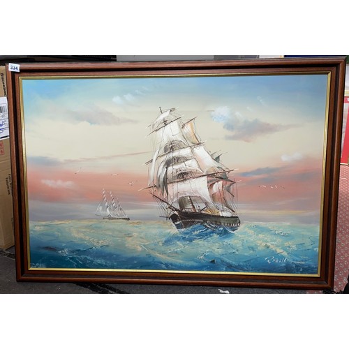 334 - OIL ON CANVAS OF SHIP AT SEA FRAMED SIGNED BAILL