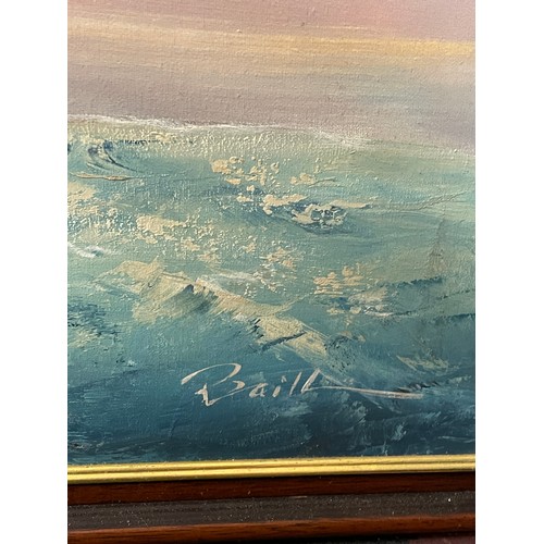 334 - OIL ON CANVAS OF SHIP AT SEA FRAMED SIGNED BAILL